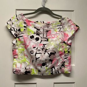 Milly Graffiti Print Overlay Cap Sleeve Crop Top